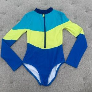 BODEN COLOR BLOCK LONG SLEEVE zip RASH GUARD BATHING SUIT SIZE 8-9 swimsuit